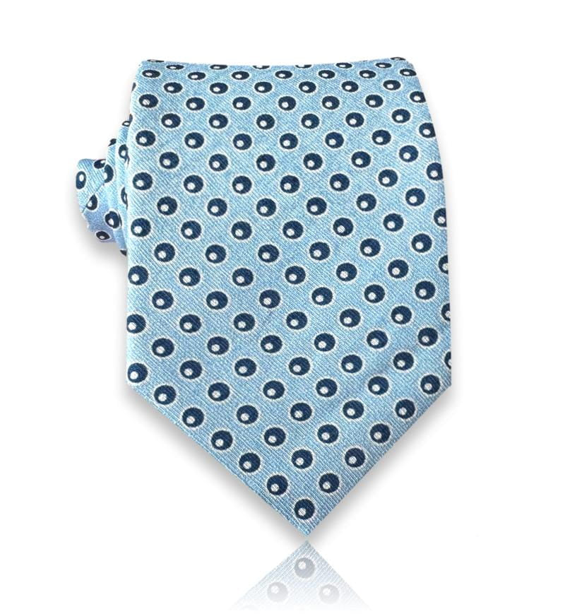 Sky blue silk tie with navy polka dots