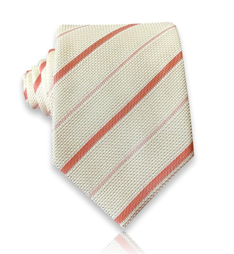 Ivory silk tie with coral diagonal stripes