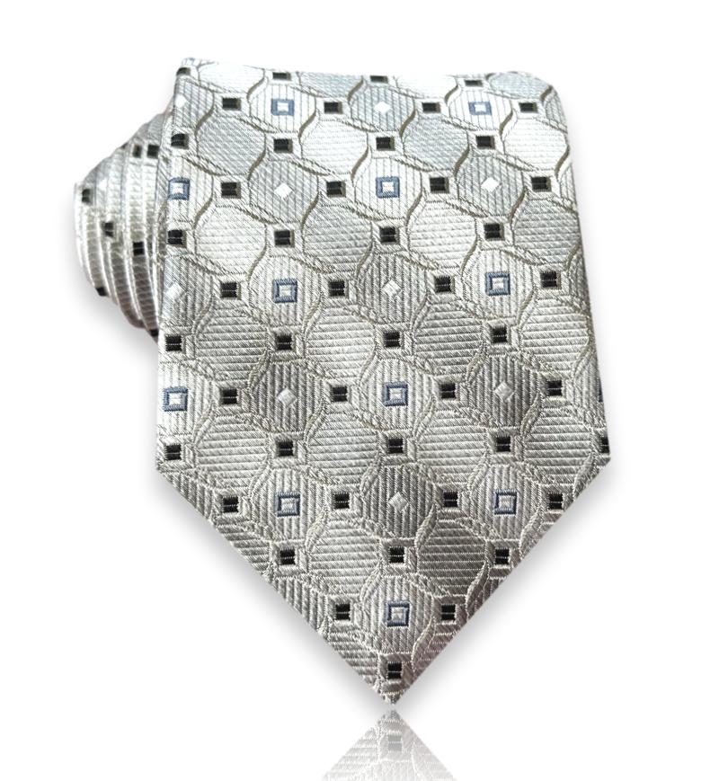 Silver silk tie with black and blue lattice pattern