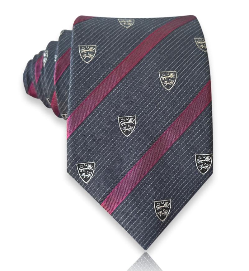 Charcoal silk tie with burgundy stripes and silver crests