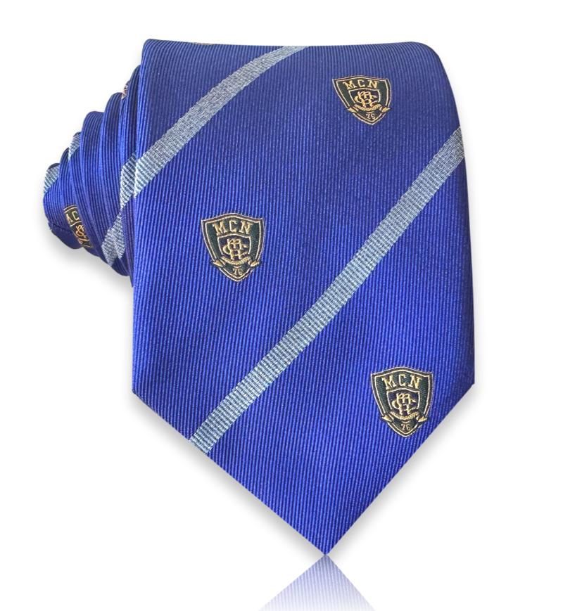 Royal blue silk tie with silver stripe and gold crest