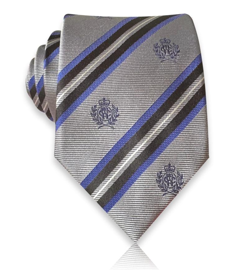 Silver grey silk tie with blue stripes and heraldic crests