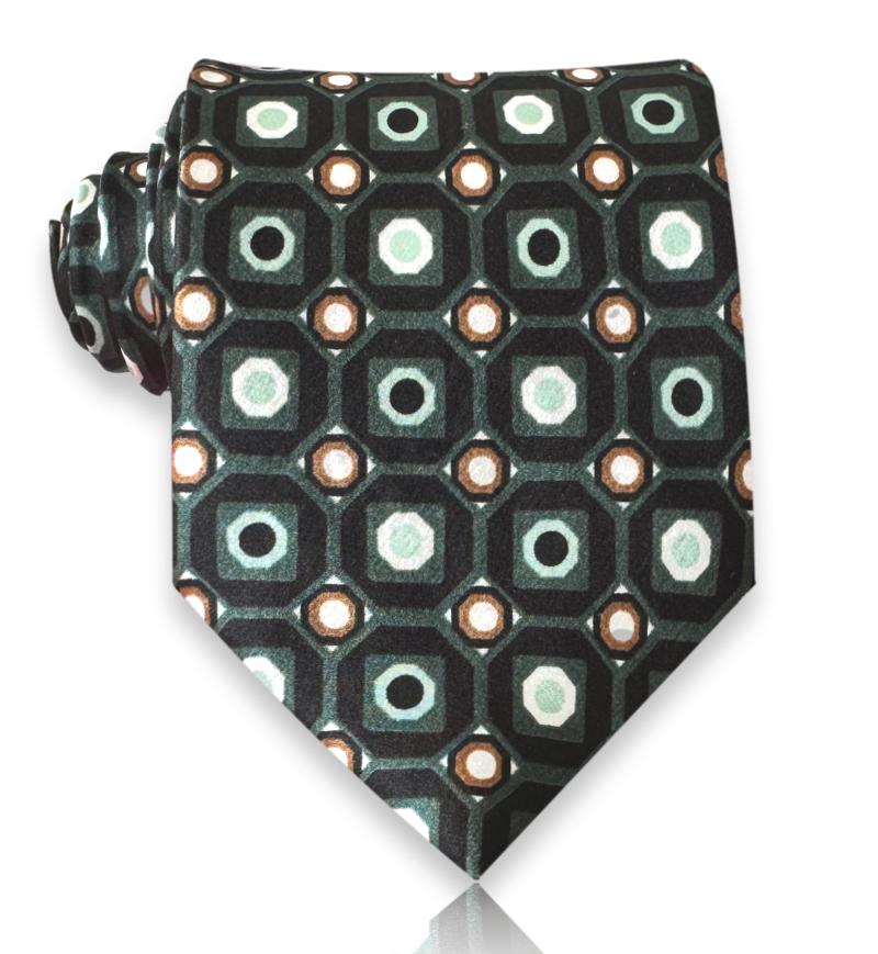 Forest green silk tie with octagon medallion pattern