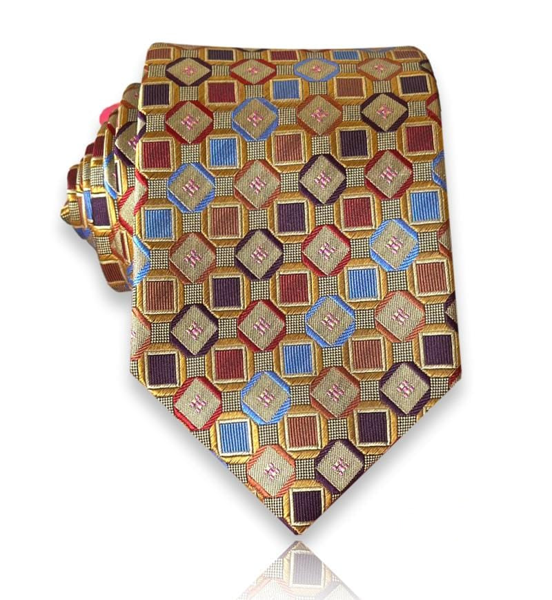 Ochre gold jacquard silk tie with diamond medallions