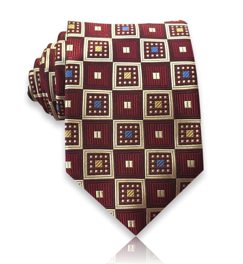Burgundy jacquard silk tie with cream framed medallions