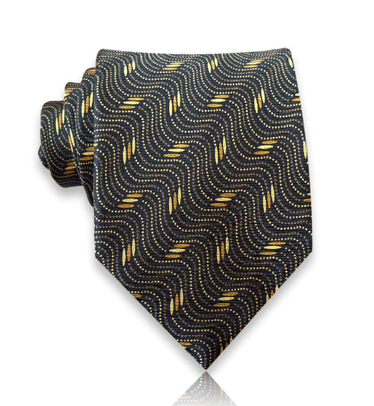 Cangrande - Black and Gold Wave Pattern Silk Tie – Sophisticated Shine with European Artistry