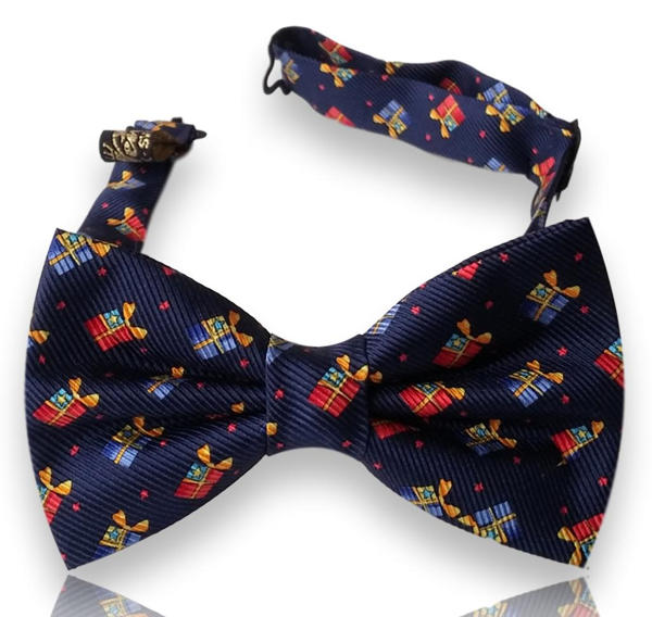 Belmonte navy silk bow tie with small gift box festive print