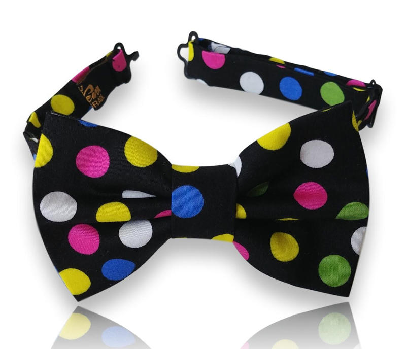 Perellós black silk bow tie with large multicolour polka dots