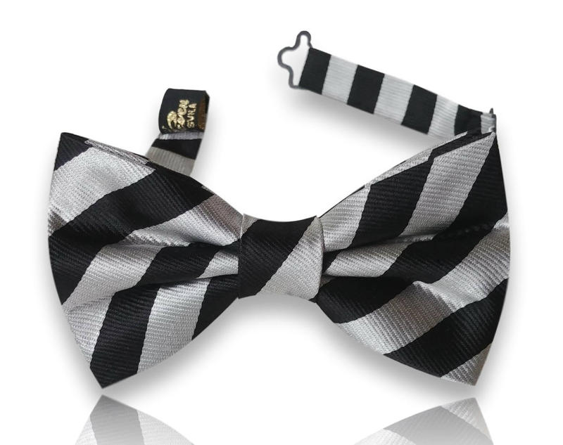 Besalú black and silver block stripe silk bow tie