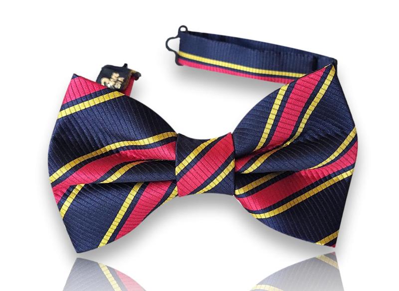 Pallars navy silk bow tie with pink and yellow repp stripes