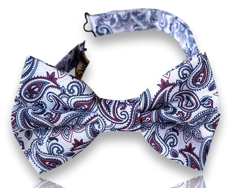 Centelles white silk bow tie with navy and burgundy paisley