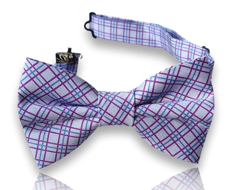 Anglesola white silk bow tie with lilac and blue windowpane check