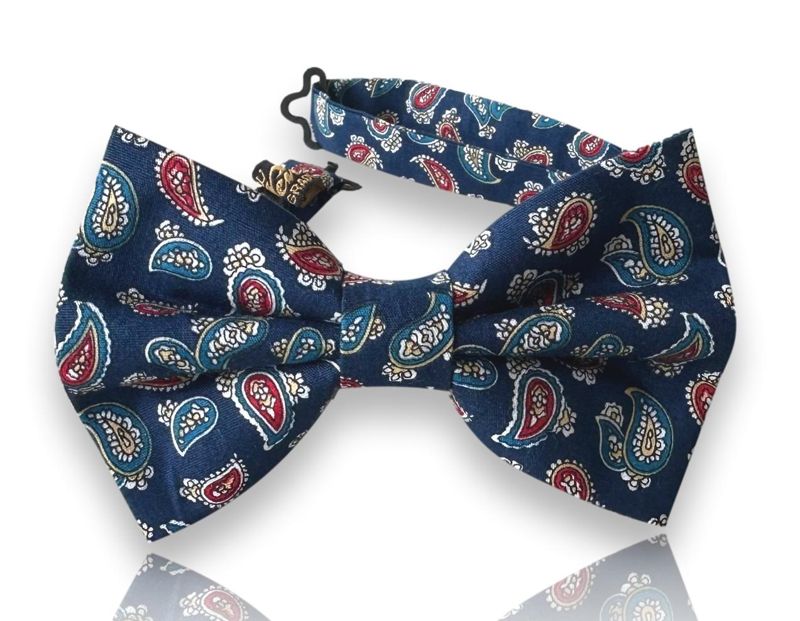 Alberti navy silk bow tie with red and cream paisley