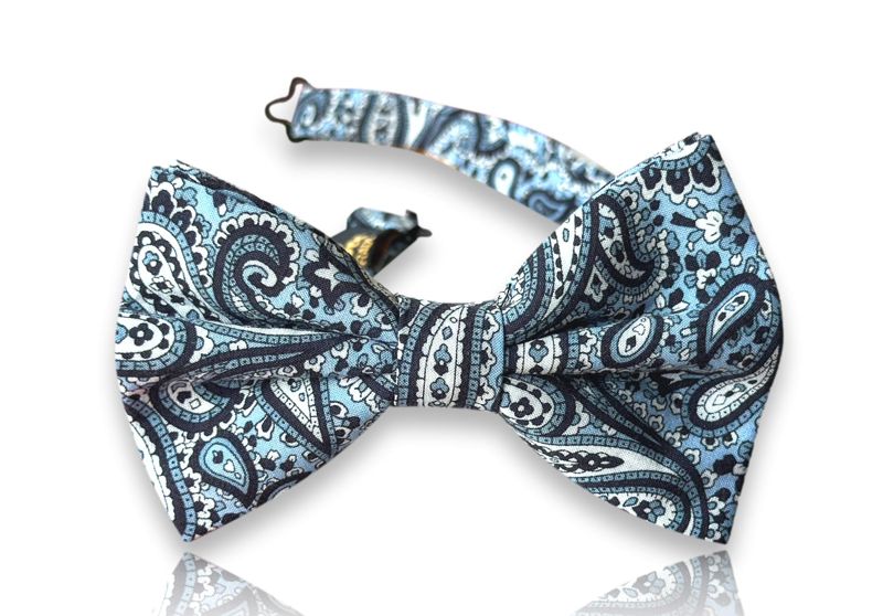 Alberti sky blue silk bow tie with white and navy paisley