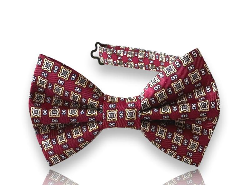 Lanfranchi burgundy silk bow tie with gold and cream square medallions