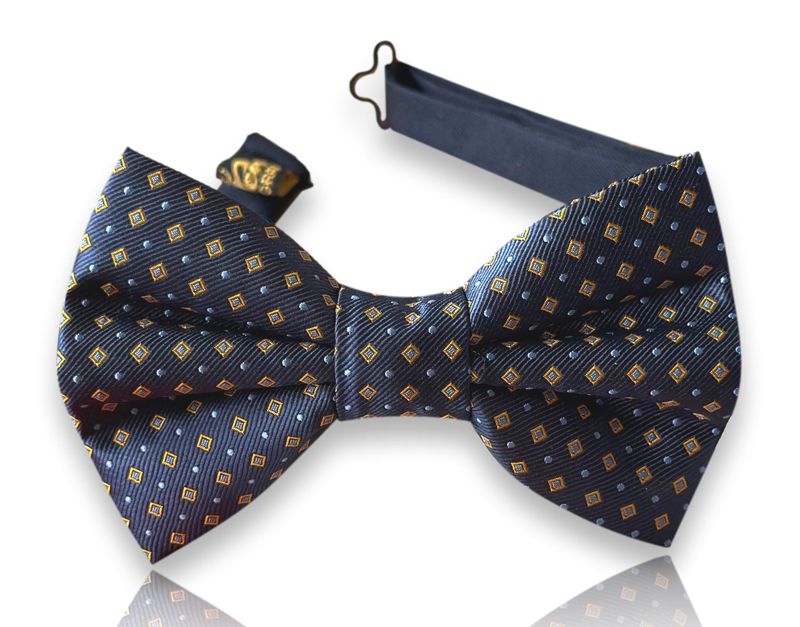 Oddone navy silk bow tie with gold diamond neat pattern