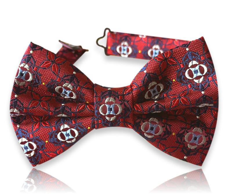 Crimson silk bow tie with ornate floral medallions