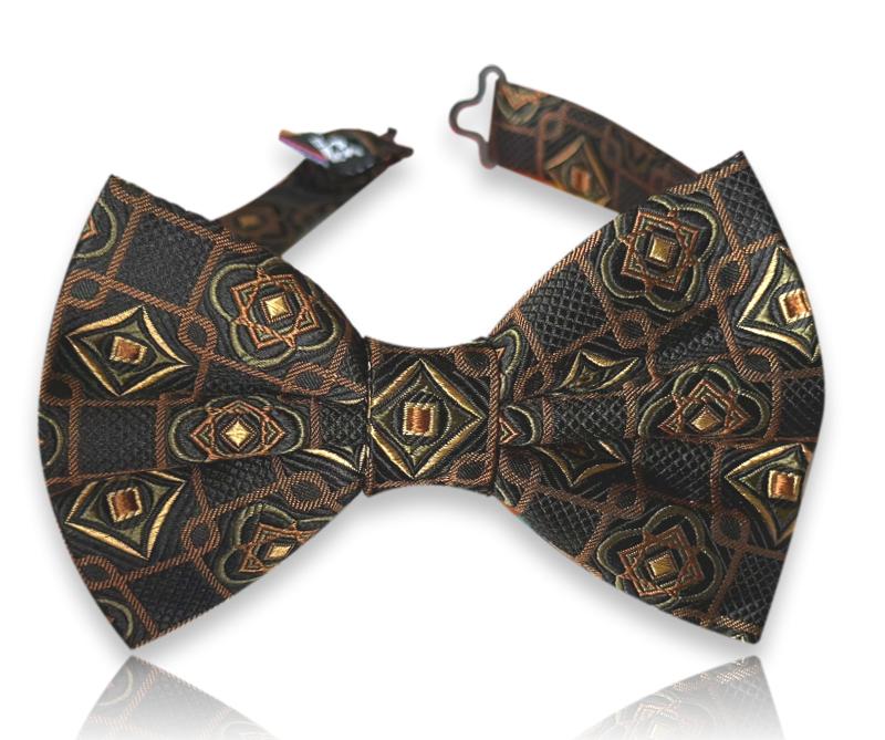 Black silk bow tie with bronze ornate medallions