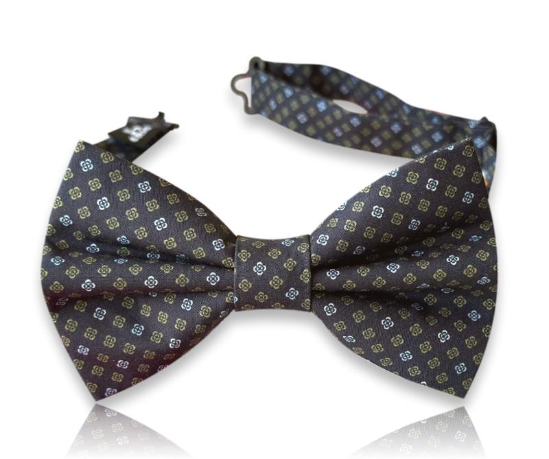 Charcoal silk bow tie with gold floral neats