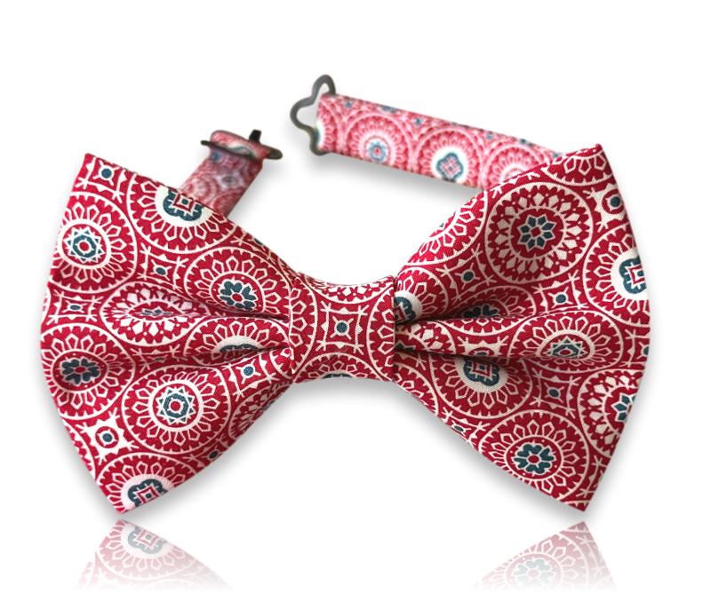 Crimson silk bow tie with ivory mandala medallions