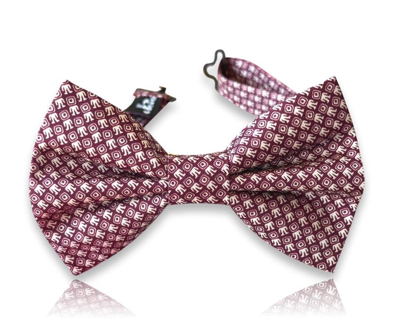 Burgundy silk bow tie with white micro glyph pattern