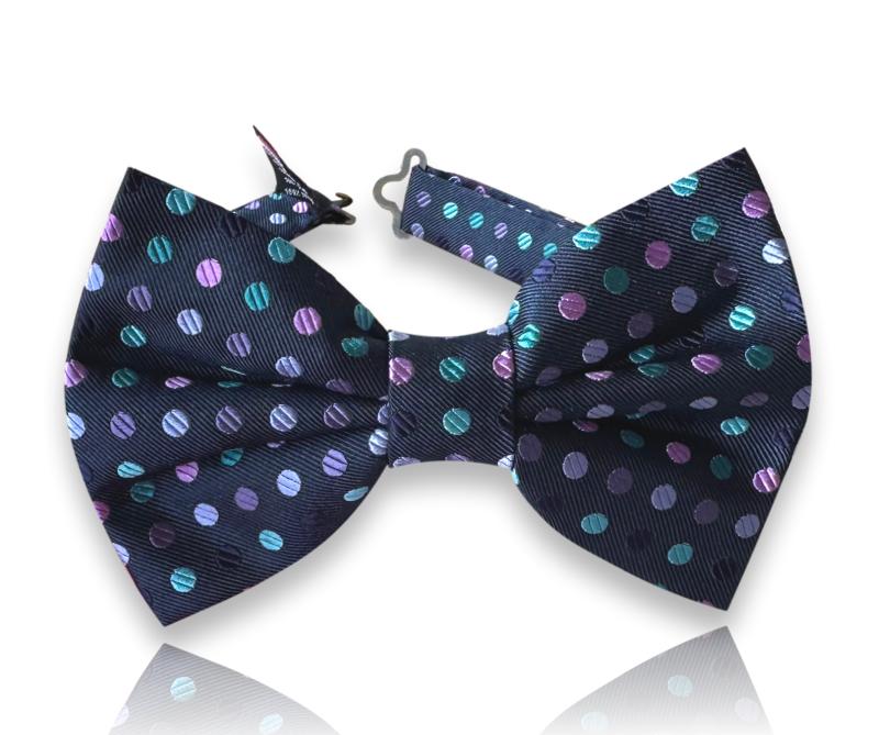 Navy silk bow tie with multicolour polka dots
