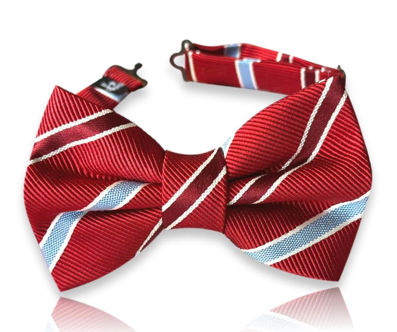 Scarlet silk bow tie with sky blue stripes
