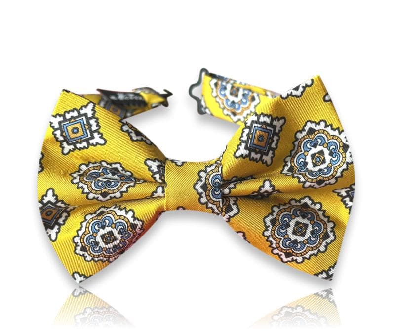 Golden yellow silk bow tie with ornamental medallions