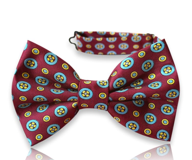 Burgundy silk bow tie with turquoise ring medallions