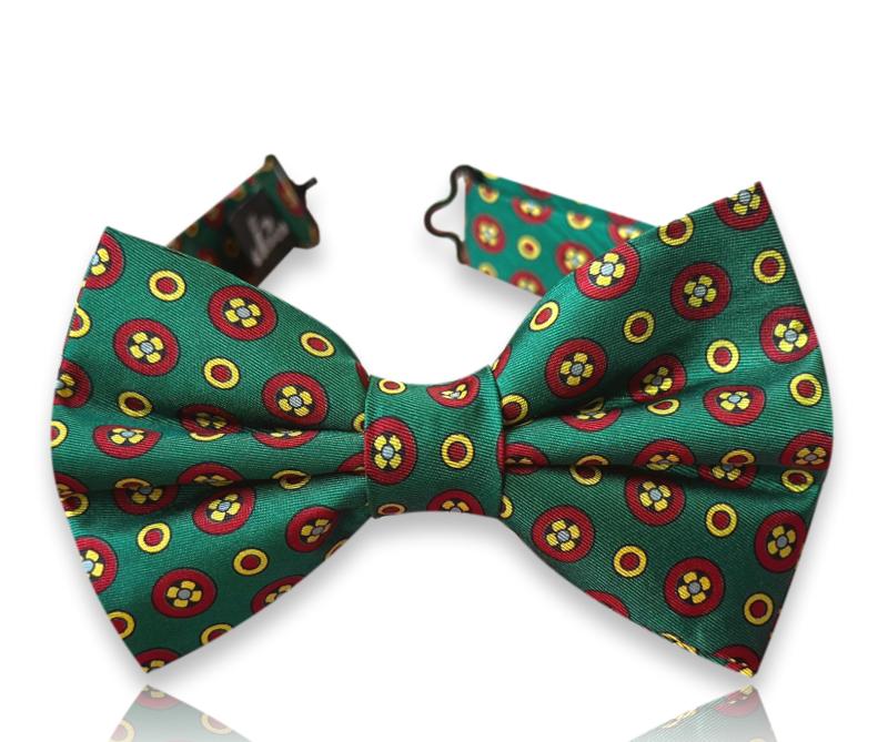 Emerald green silk bow tie with crimson rosettes