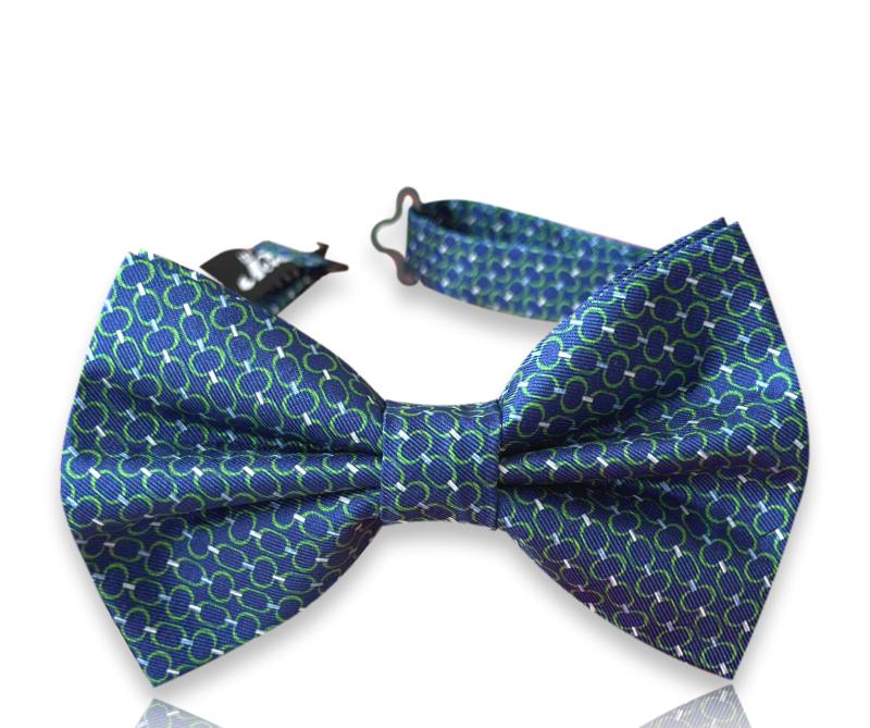 Deep blue silk bow tie with chartreuse chain motifs