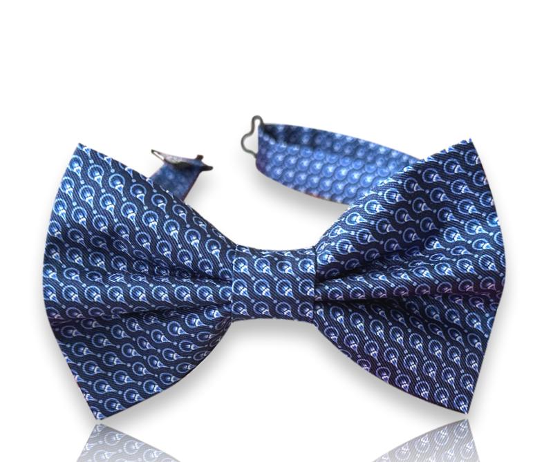 Royal blue silk bow tie with white micro paisley