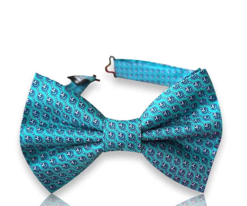 Turquoise silk bow tie with navy micro paisley