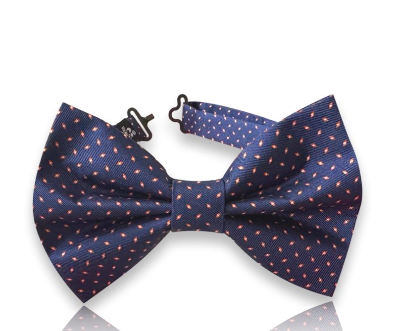 Navy silk bow tie with coral micro dots