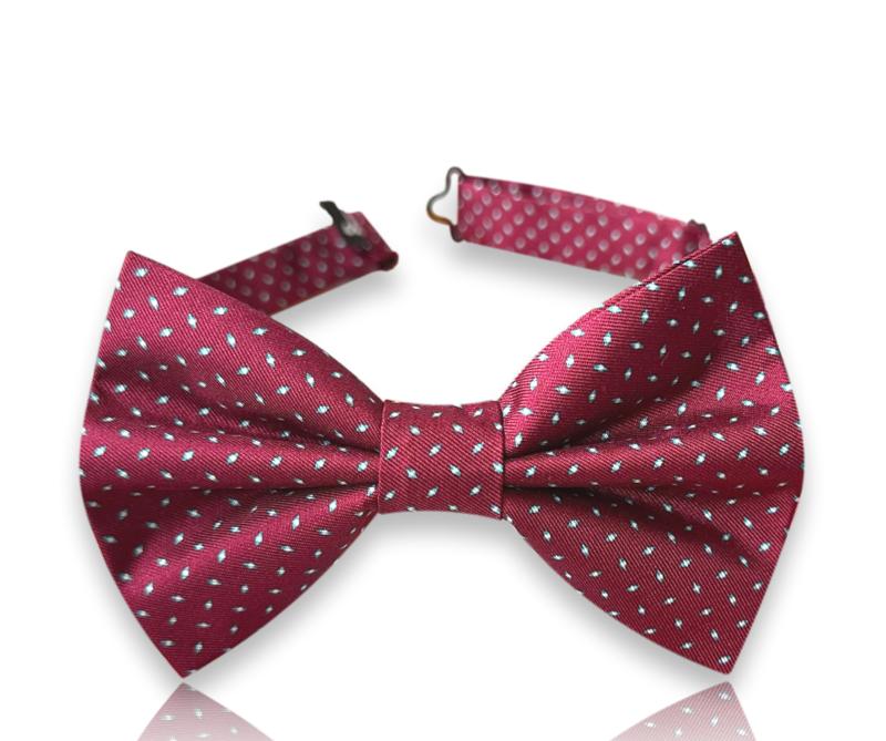 Crimson silk bow tie with white micro dots