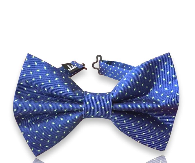 Royal blue silk bow tie with white micro dots