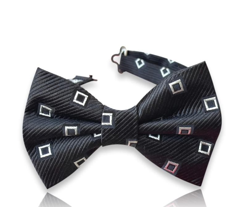 Black silk bow tie with silver square outlines
