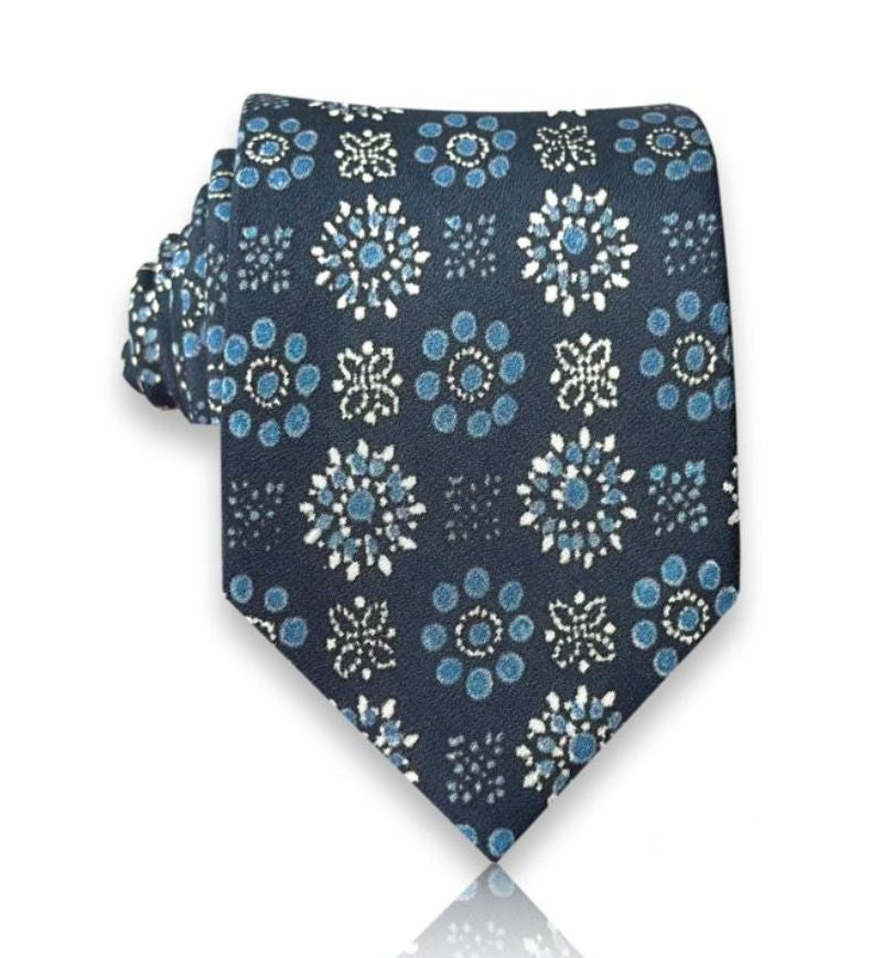 Navy silk tie with white rosette medallion pattern
