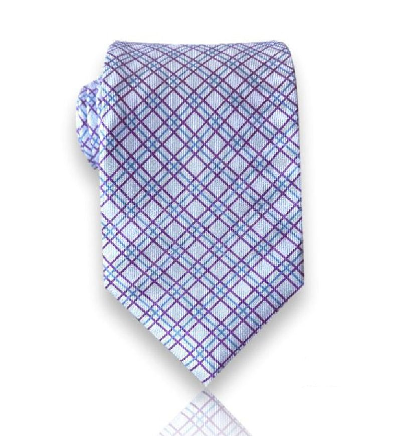 Powder blue tattersall check silk tie flat view