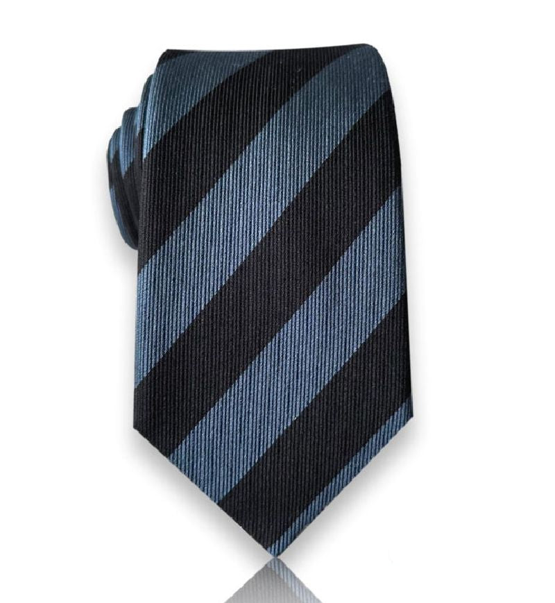 Black steel blue stripe silk tie flat view