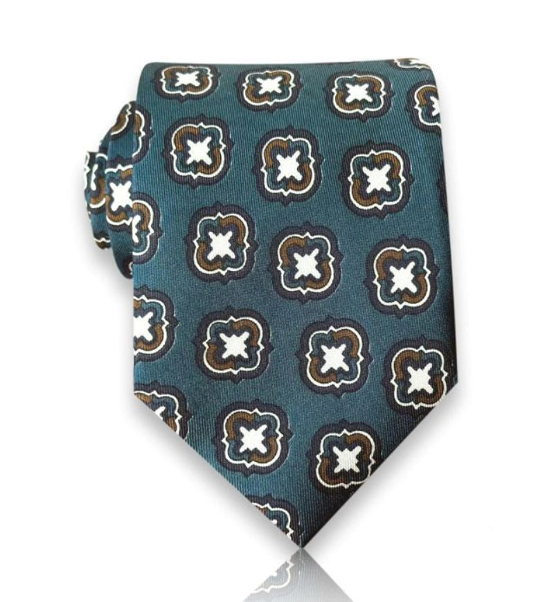 Deep teal silk tie with cream quatrefoil tile pattern