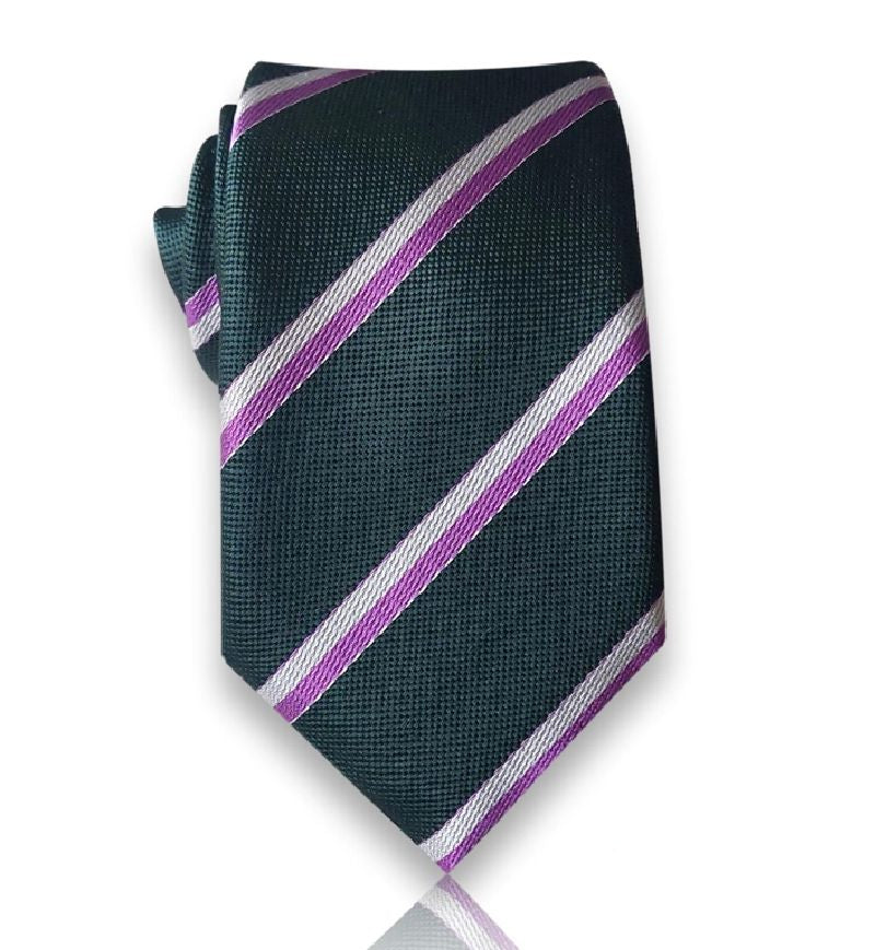 Forest green magenta stripe silk tie flat view