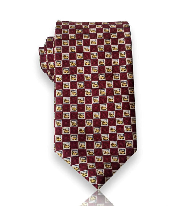 Burgundy gold checkerboard silk tie flat view