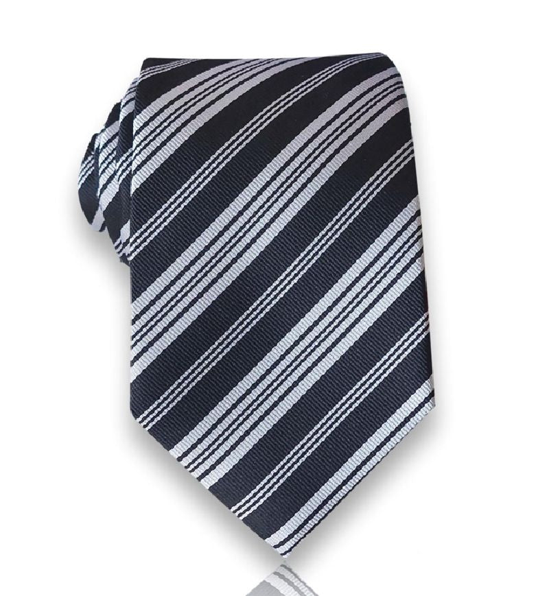 Navy white pinstripe silk tie flat view