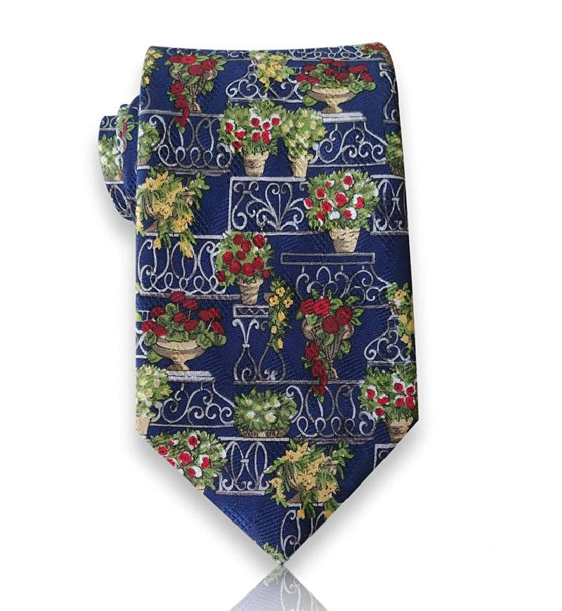 Navy garden terrace silk tie flat view