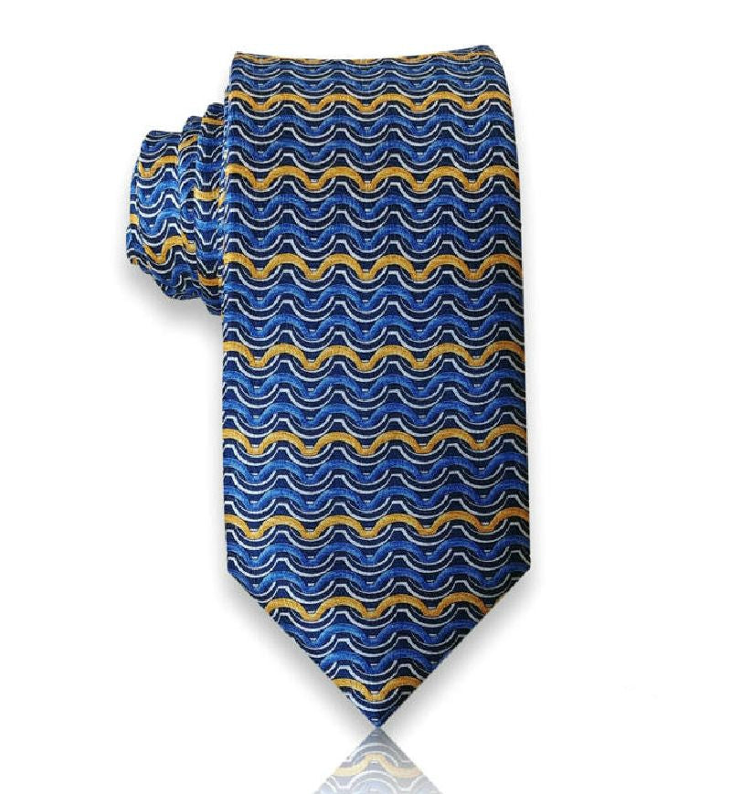 Azure gold wave silk tie flat view