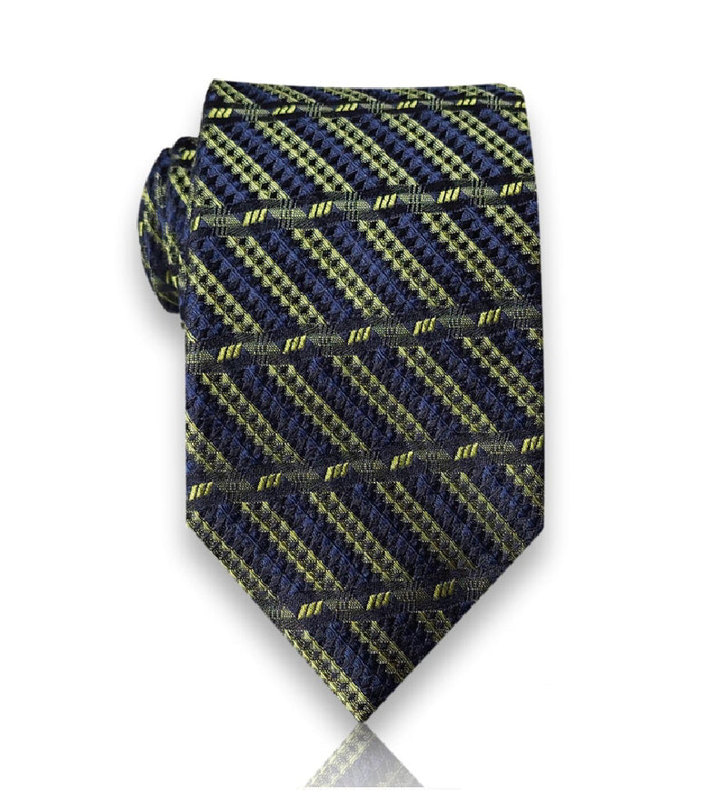 Navy chartreuse stripe silk tie flat view