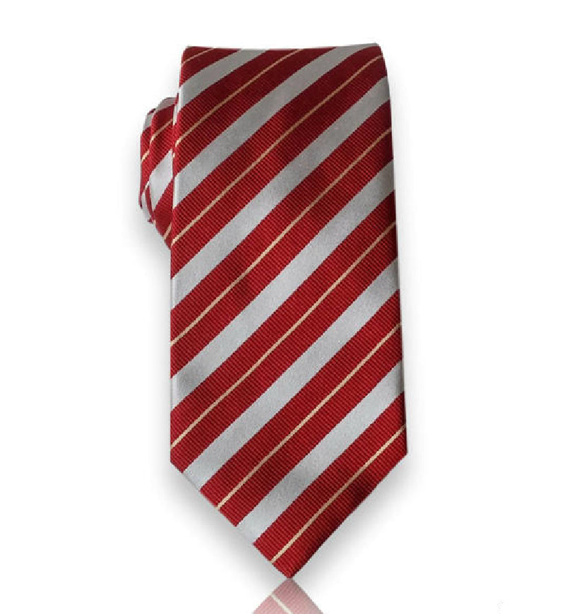 Scarlet silver candy stripe silk tie flat view