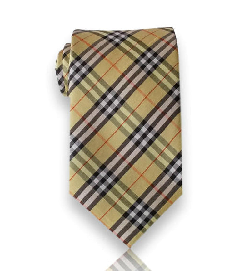 Camel tartan check silk tie flat view